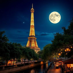 A beautiful night scene in Paris, illuminated by a full moon and twinkling stars