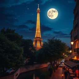 A beautiful night scene in Paris, illuminated by a full moon and twinkling stars