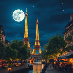 A beautiful night scene in Paris, illuminated by a full moon and twinkling stars