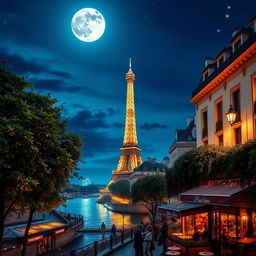 A beautiful night scene in Paris, illuminated by a full moon and twinkling stars