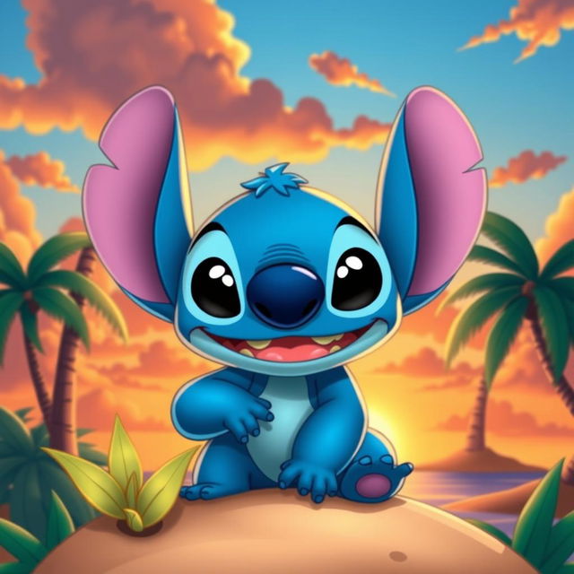 A playful, vibrant, and cartoonish character resembling a blue alien with large ears and bright eyes, inspired by the character Stitch from Lilo & Stitch