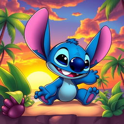 A playful, vibrant, and cartoonish character resembling a blue alien with large ears and bright eyes, inspired by the character Stitch from Lilo & Stitch