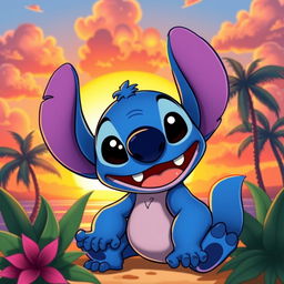 A playful, vibrant, and cartoonish character resembling a blue alien with large ears and bright eyes, inspired by the character Stitch from Lilo & Stitch