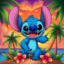 A playful, vibrant, and cartoonish character resembling a blue alien with large ears and bright eyes, inspired by the character Stitch from Lilo & Stitch