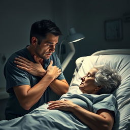 A dramatic scene depicting a married man in an intimate moment with a nurse who is taking care of his wife