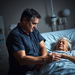 A dramatic scene depicting a married man in an intimate moment with a nurse who is taking care of his wife