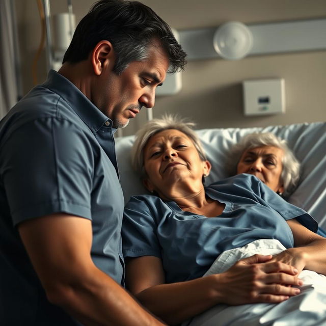 A dramatic scene depicting a married man in an intimate moment with a nurse who is taking care of his wife