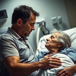 A dramatic scene depicting a married man in an intimate moment with a nurse who is taking care of his wife