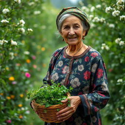 An elderly Iranian village woman wearing floral patterned traditional clothing, standing gracefully in a lush green natural setting