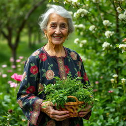 An elderly Iranian village woman wearing floral patterned traditional clothing, standing gracefully in a lush green natural setting