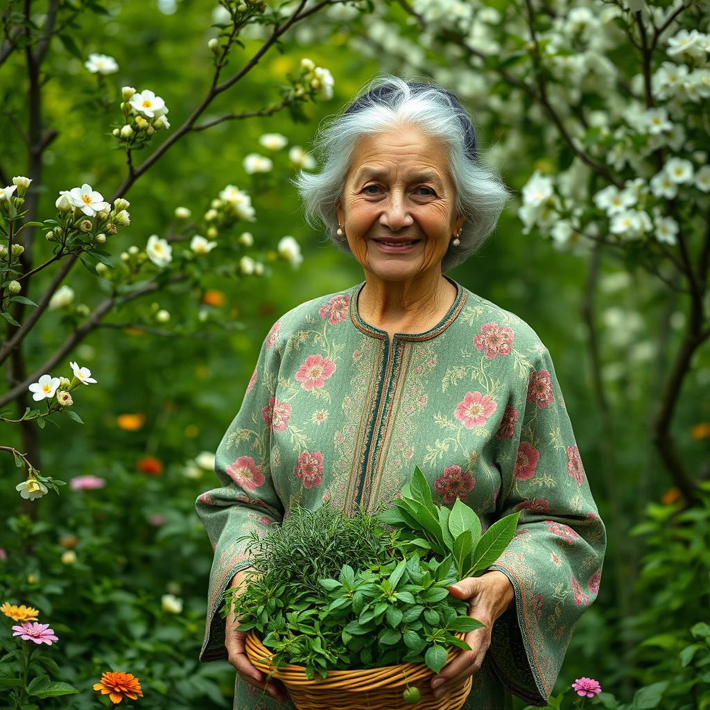 An elderly Iranian village woman wearing floral patterned traditional clothing, standing gracefully in a lush green natural setting