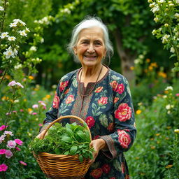 An elderly Iranian village woman wearing floral patterned traditional clothing, standing gracefully in a lush green natural setting