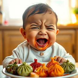 A baby with chubby cheeks is eating momo, a type of dumpling, and seems to be experiencing a mix of joy and frustration
