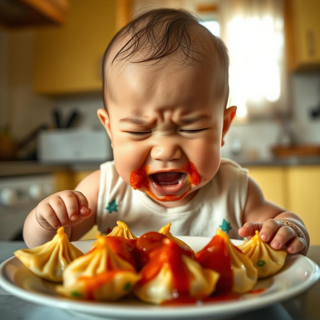 A baby with chubby cheeks is eating momo, a type of dumpling, and seems to be experiencing a mix of joy and frustration