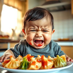 A baby with chubby cheeks is eating momo, a type of dumpling, and seems to be experiencing a mix of joy and frustration