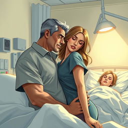 A dramatic illustration of a married man engaged in a compromising moment with a nurse who is taking care of his wife