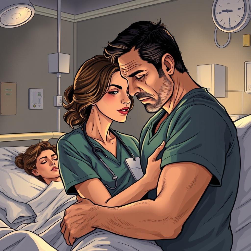 A dramatic illustration of a married man engaged in a compromising moment with a nurse who is taking care of his wife