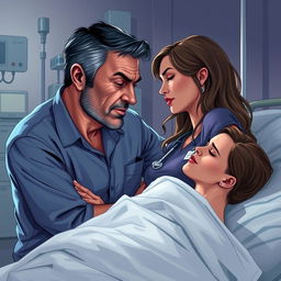 A dramatic illustration of a married man engaged in a compromising moment with a nurse who is taking care of his wife