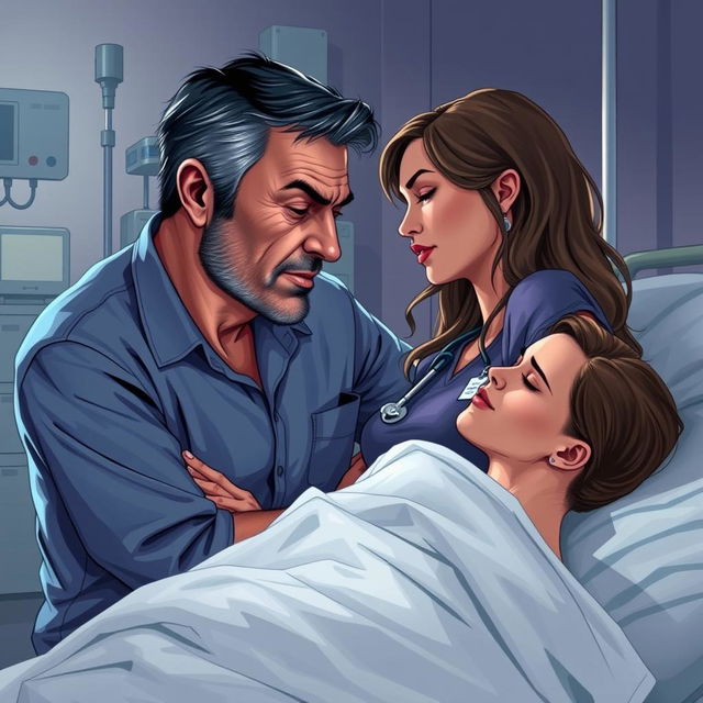 A dramatic illustration of a married man engaged in a compromising moment with a nurse who is taking care of his wife