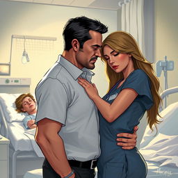 A dramatic illustration of a married man engaged in a compromising moment with a nurse who is taking care of his wife