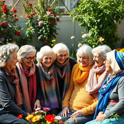 A heartwarming scene featuring nine elderly women, each showcasing unique characteristics and clothing, gathered together in a cozy garden setting