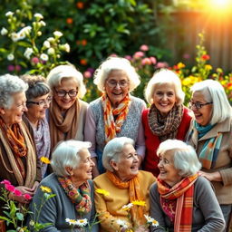 A heartwarming scene featuring nine elderly women, each showcasing unique characteristics and clothing, gathered together in a cozy garden setting
