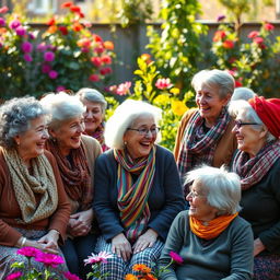 A heartwarming scene featuring nine elderly women, each showcasing unique characteristics and clothing, gathered together in a cozy garden setting