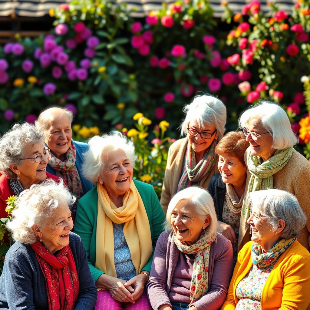 A heartwarming scene featuring nine elderly women, each showcasing unique characteristics and clothing, gathered together in a cozy garden setting