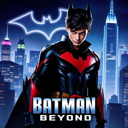 A dynamic Batman Beyond movie poster featuring a futuristic Gotham City skyline with neon lights