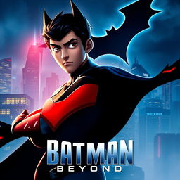 A dynamic Batman Beyond movie poster featuring a futuristic Gotham City skyline with neon lights