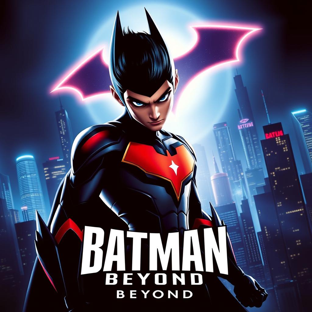 A dynamic Batman Beyond movie poster featuring a futuristic Gotham City skyline with neon lights