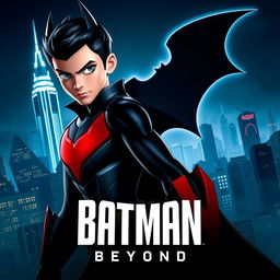 A dynamic Batman Beyond movie poster featuring a futuristic Gotham City skyline with neon lights