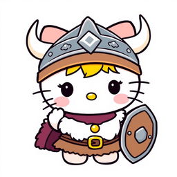 A cute and whimsical character design of Hello Kitty reimagined as a Viking