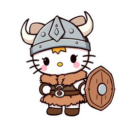 A cute and whimsical character design of Hello Kitty reimagined as a Viking