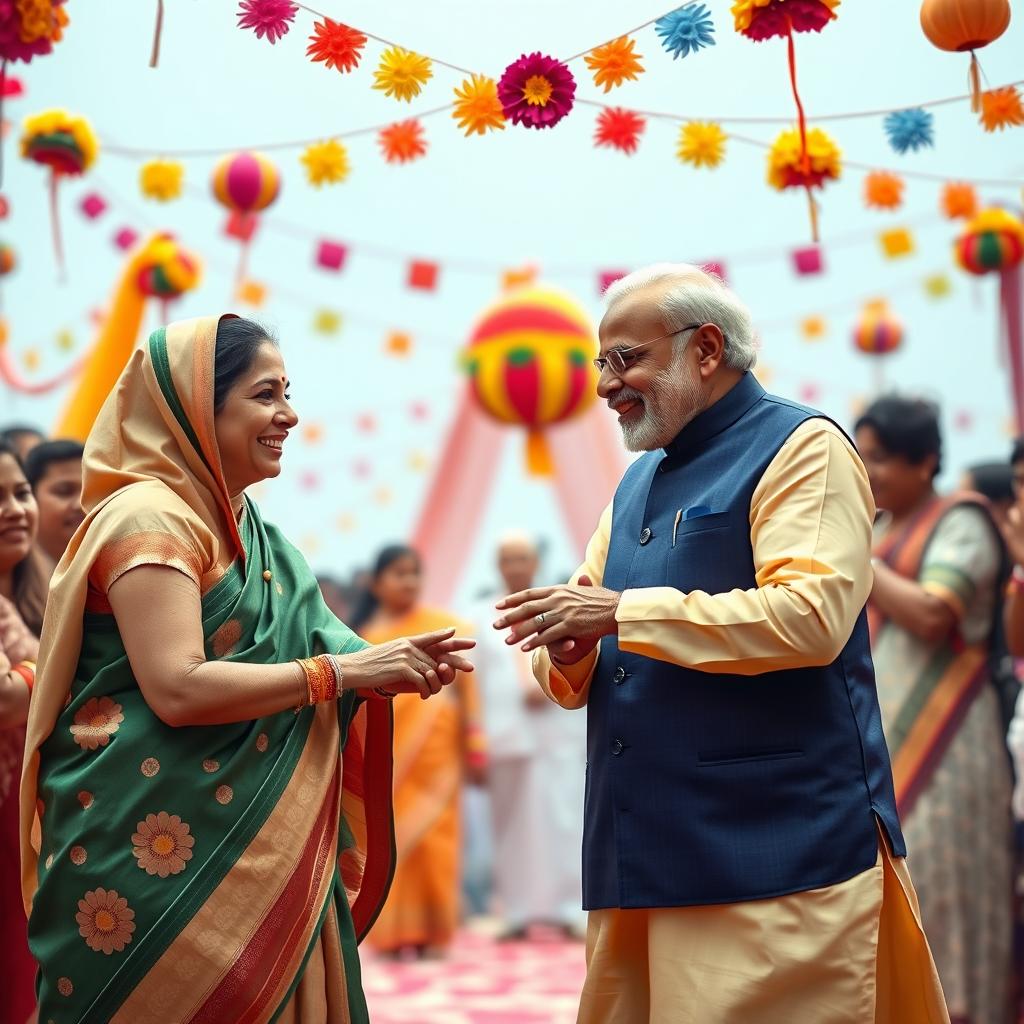A fictional scene depicting Sheikh Hasina and Narendra Modi in a light-hearted, whimsical manner, celebrating their friendship through a colorful festival