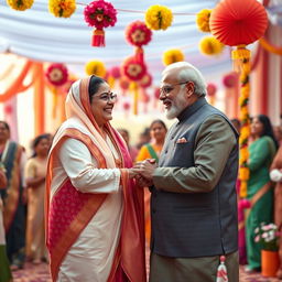 A fictional scene depicting Sheikh Hasina and Narendra Modi in a light-hearted, whimsical manner, celebrating their friendship through a colorful festival