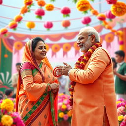A fictional scene depicting Sheikh Hasina and Narendra Modi in a light-hearted, whimsical manner, celebrating their friendship through a colorful festival