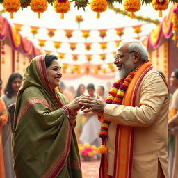 A fictional scene depicting Sheikh Hasina and Narendra Modi in a light-hearted, whimsical manner, celebrating their friendship through a colorful festival