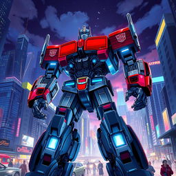 A highly detailed and dynamic illustration of a futuristic Optimus Prime robot standing in a vibrant urban environment
