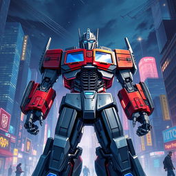 A highly detailed and dynamic illustration of a futuristic Optimus Prime robot standing in a vibrant urban environment