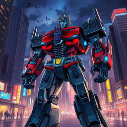 A highly detailed and dynamic illustration of a futuristic Optimus Prime robot standing in a vibrant urban environment