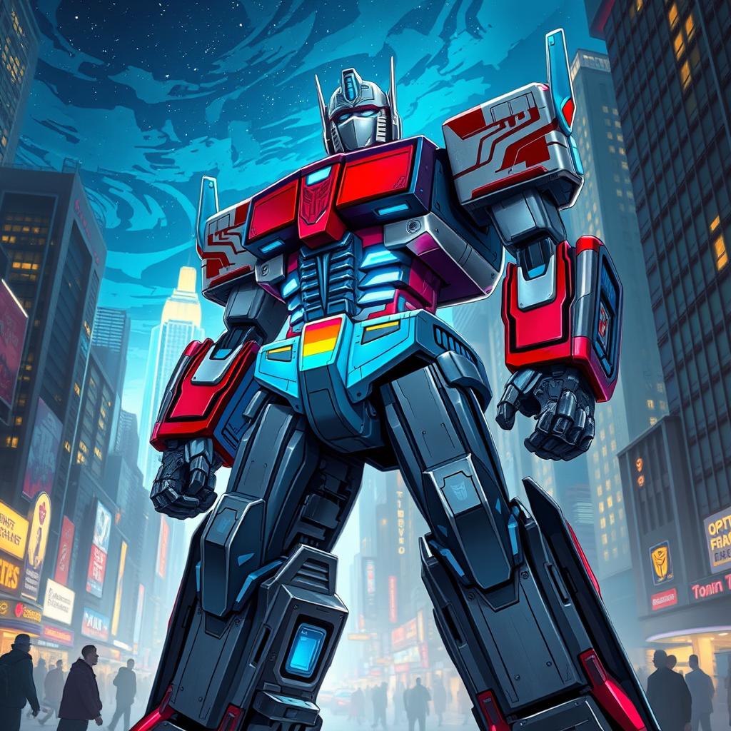 A highly detailed and dynamic illustration of a futuristic Optimus Prime robot standing in a vibrant urban environment