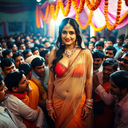 A beautiful and sexy Indian bride wearing a transparent saree over a strapless bikini, showcasing her big cleavage and sexy navel