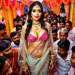 A beautiful and sexy Indian bride wearing a transparent saree over a strapless bikini, showcasing her big cleavage and sexy navel