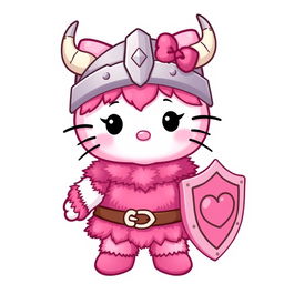 A charming and playful character design of Hello Kitty as a pink Viking