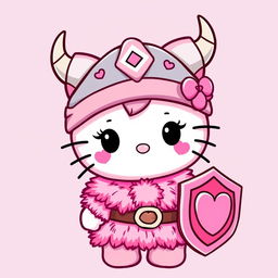 A charming and playful character design of Hello Kitty as a pink Viking