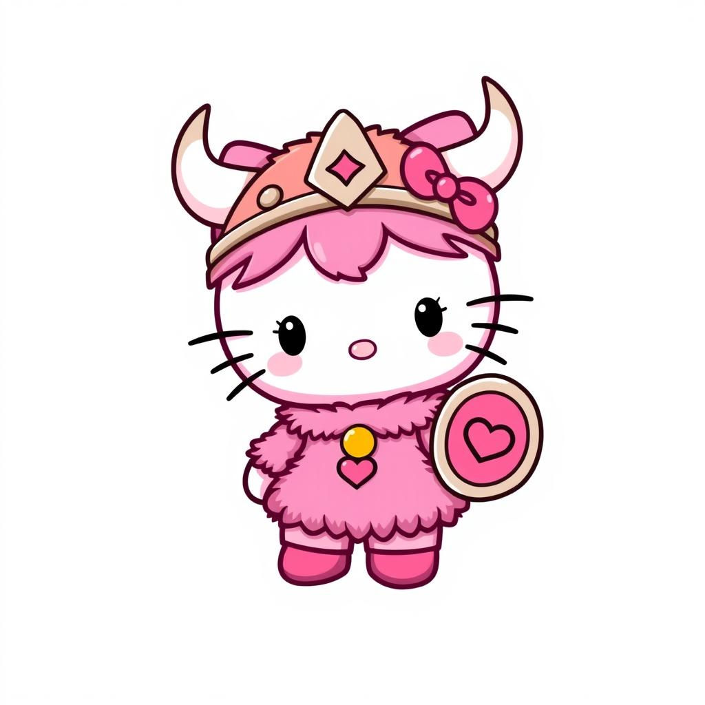 A charming and playful character design of Hello Kitty as a pink Viking