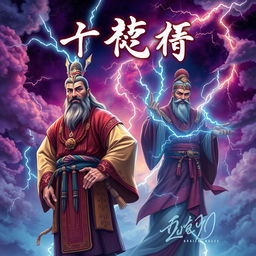 An ancient man standing confidently, with the name 'آرین' written in lightning above his head, depicted in a vibrant and mystical style