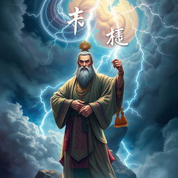 An ancient man standing confidently, with the name 'آرین' written in lightning above his head, depicted in a vibrant and mystical style