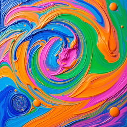 A vibrant and colorful abstract swirl of paint, featuring shades of blue, orange, pink, and green